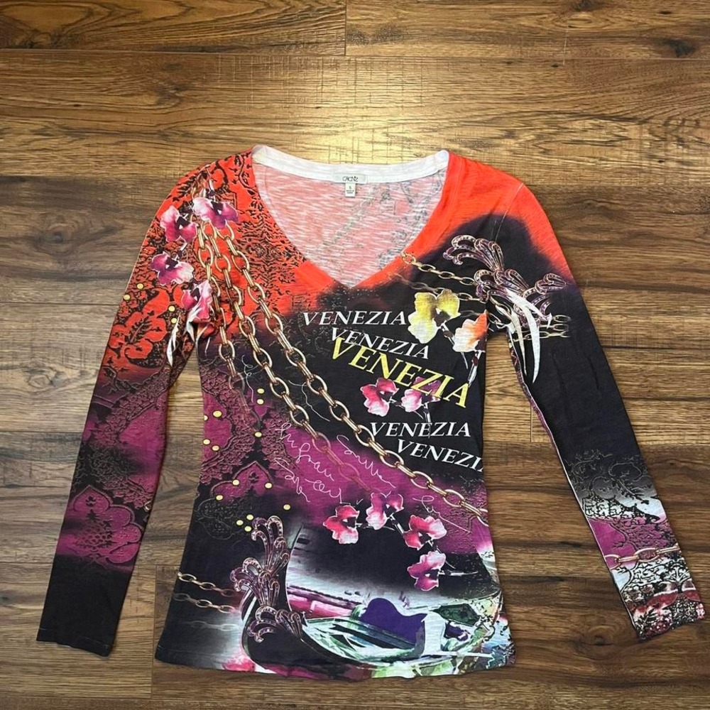 Cache Y2K‎ Venzia Graphic Long sleeve Top Chain Print Women S Grunge Streetwear